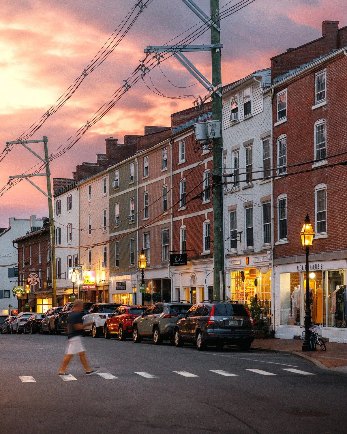 Evening street view of downtown Portsmouth shops and restaurants within walking distance of Hotel Thaxter.