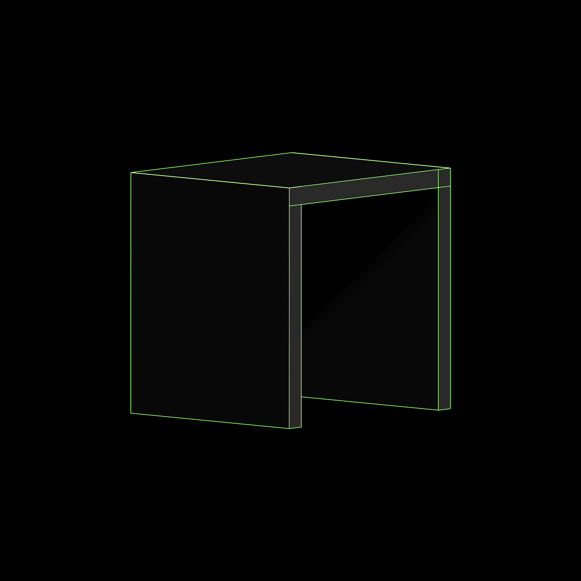 Dibujo en 3D de una mesa rectangular con líneas de construcción en color verde y sombra en el lado derecho, sobre fondo negro.
