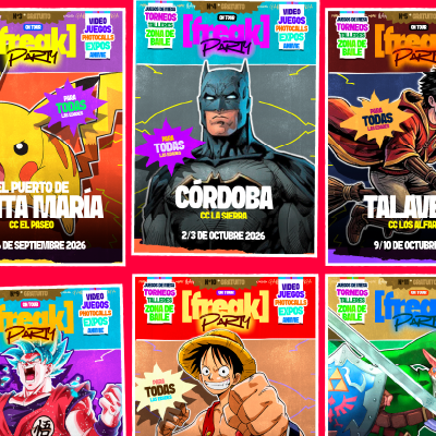 Colección de carteles promocionales con personajes de anime y videojuegos, incluyendo a Pikachu, Batman, Goku y personajes de manga y videojuegos en variadas escenas de acción, eventos y festivales en diferentes fechas.