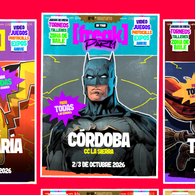Póster de un evento llamado 'Free Fank Party' con Batman en el centro, anunciando la ciudad de Córdoba con el lema 'Con La Sierra', y la fecha del 2 y 3 de octubre de 2026. Incluye referencias a videojuegos, actividades de kermés, talleres, zona de b