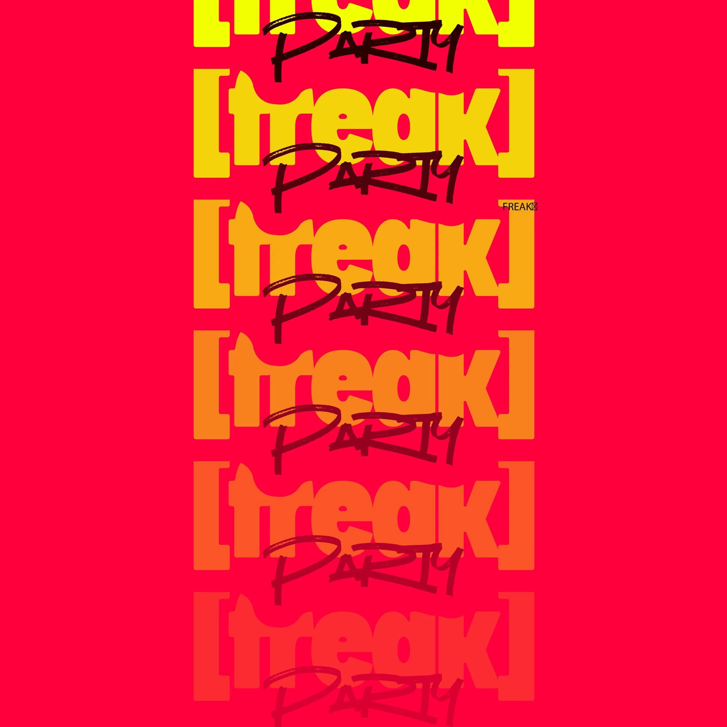 Diseño gráfico con texto colorido que dice 'Freaks Party' en letras negras sobre un fondo rojo y amarillo