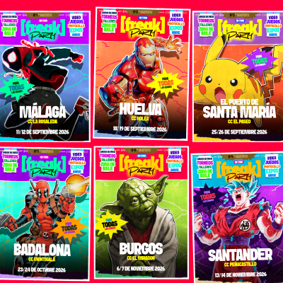 Colección de seis posters de eventos de videojuegos de la serie 'Freaky Park'. Cada poster presenta diferentes personajes de videojuegos famosos, como Spiderman, Pikachu, Deadpool, Yoda y Goku, con fechas y lugares de eventos en México en 2026.