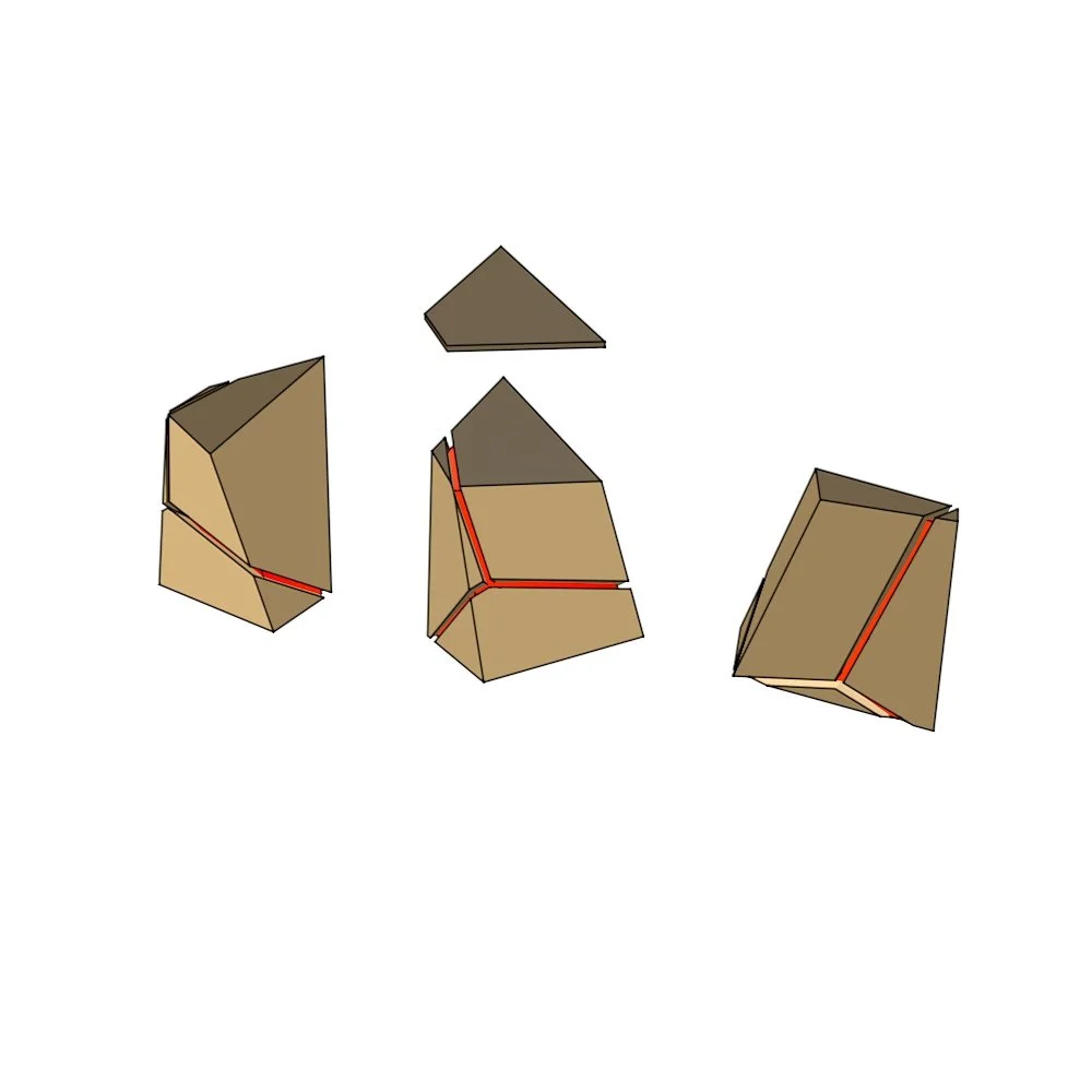 Paso a paso de un rompecabezas de figuras tridimensionales desmontadas.