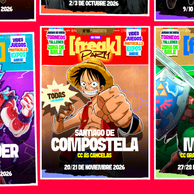 Cartel publicitario de un evento de manga o anime llamado 'Frank Park' con un personaje de anime en el centro. Incluye fechas y menciones de actividades como torneos, torneos de baile y eventos relacionados con videojuegos, fotos, cómics, cosplay y a