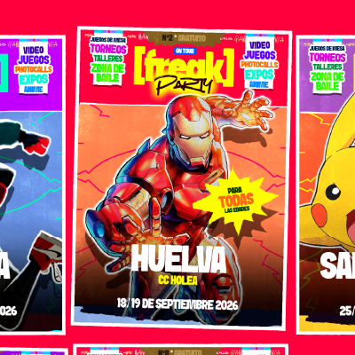 Cartel promocional de una fiesta temática de superhéroes con Iron Man en el centro, detalles en amarillo y rojo, mencionando actividades para todas las edades y fechas en septiembre 2026.