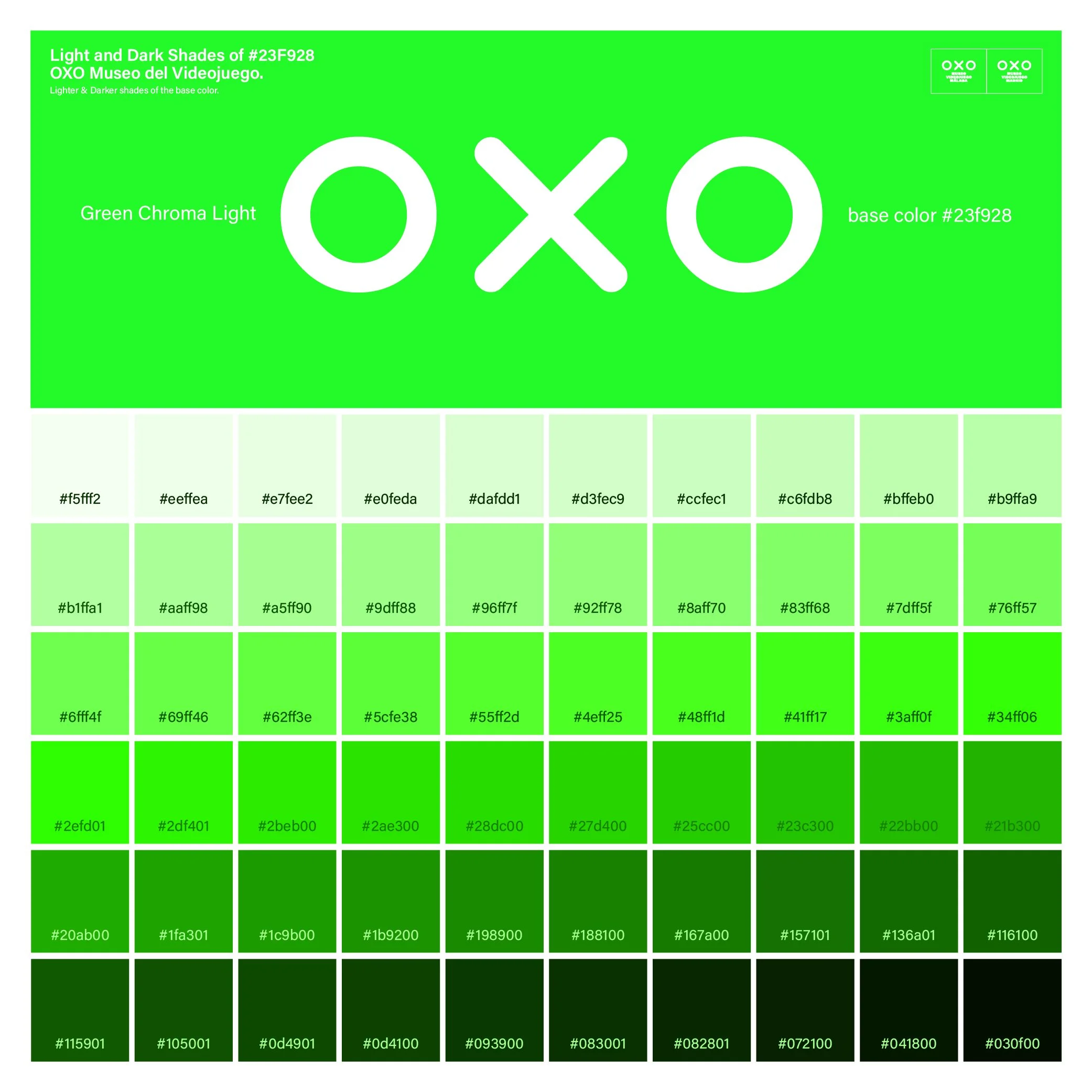 Paleta de colores con diferentes tonos de verde, desde el más claro hasta el más oscuro, con códigos hexadecimales y texto en inglés que indica la intensidad de brillo.