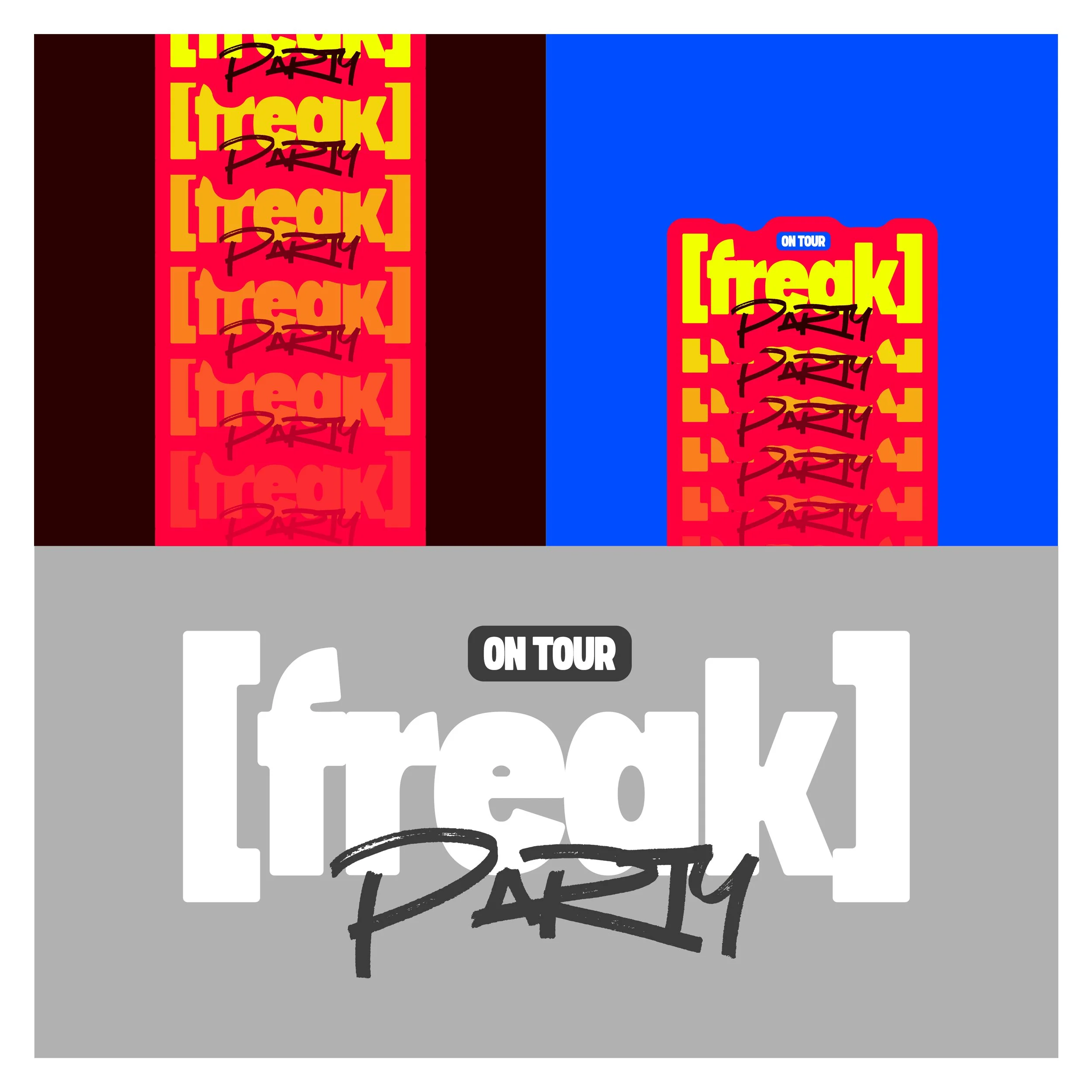 Cartel con fondo azul y rojo que promociona una gira de conciertos llamada 'Freak Party', con letras grandes en color amarillo y negro, y un pequeño letrero azul que dice 'On Tour'.