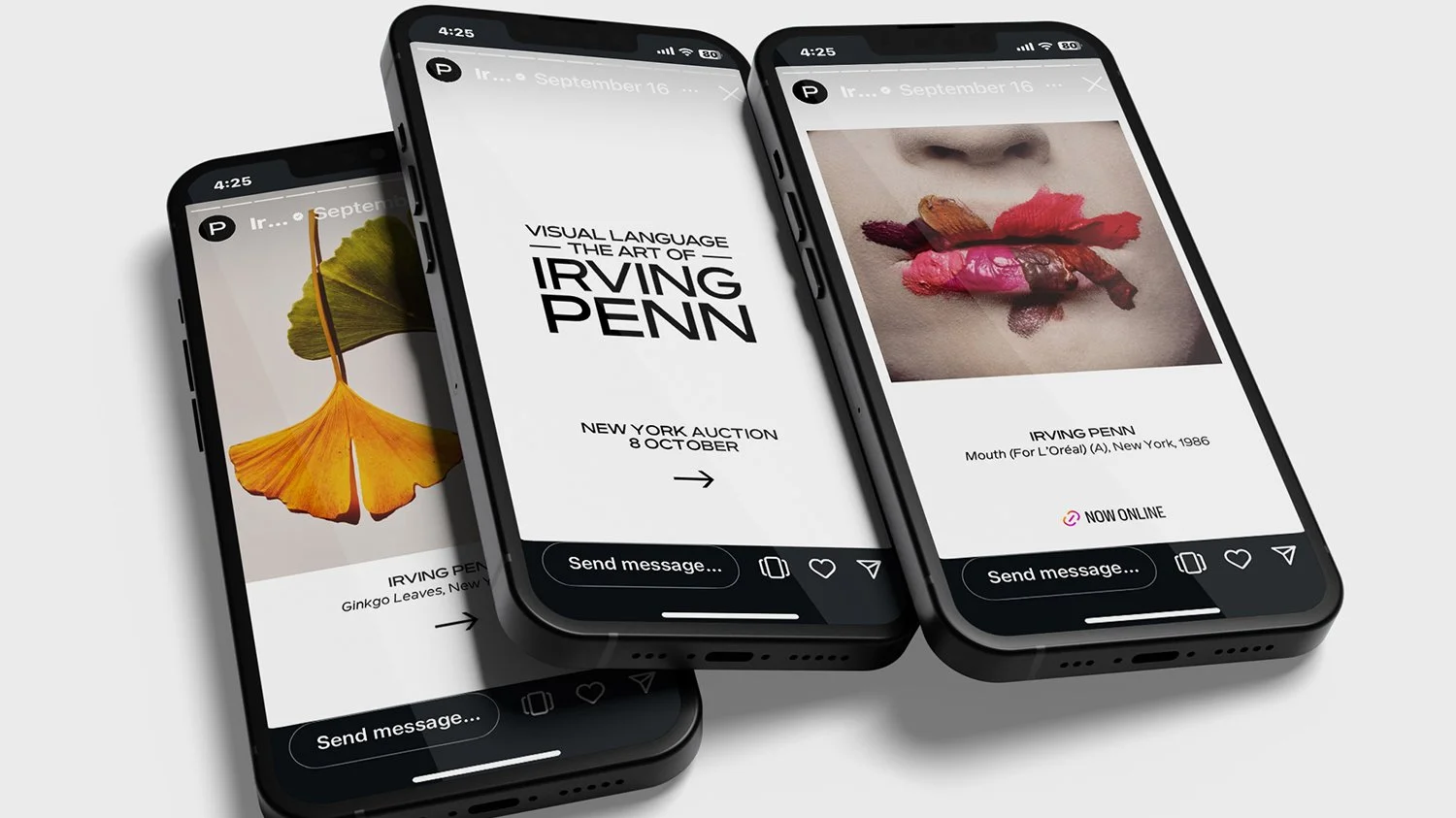 Three smartphones displaying social media posts about Irving Penn's art exhibit, including images of artwork and exhibition details.