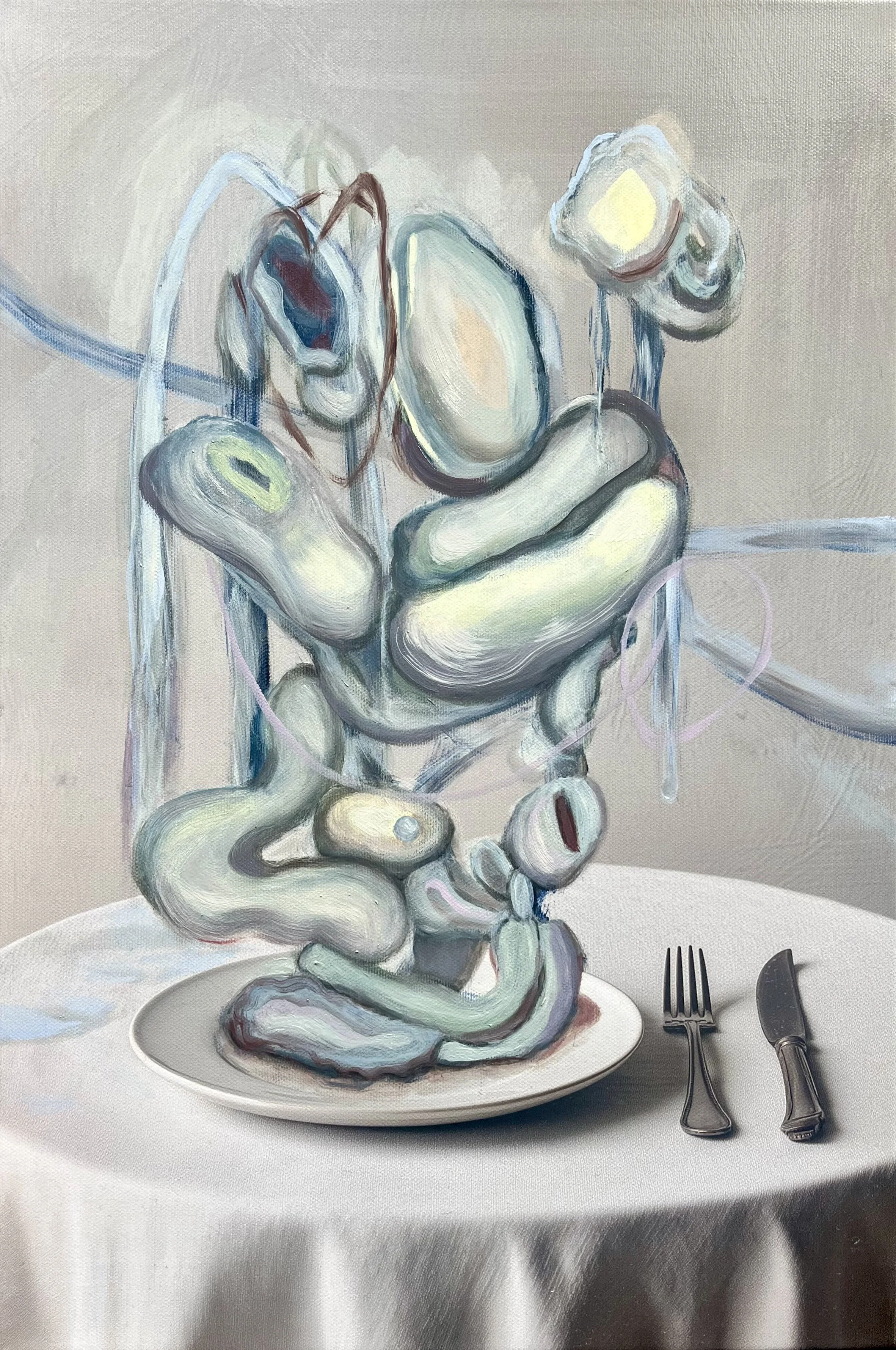 "What Was Served", 2026, pigment print, oil on canvas, 45 x 30 cm