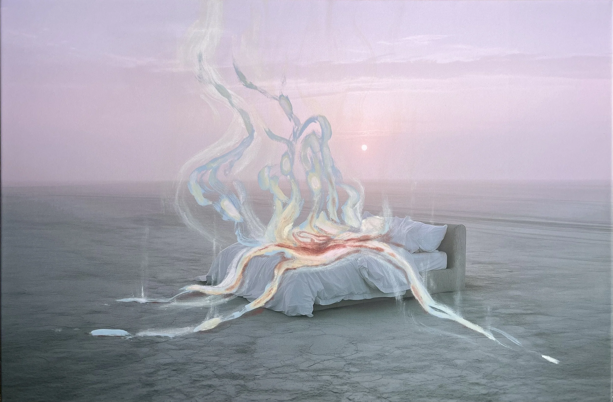 “Come over here”, 2025, Pigment print, acrylic, oil on canvas, 45 x 60 cm