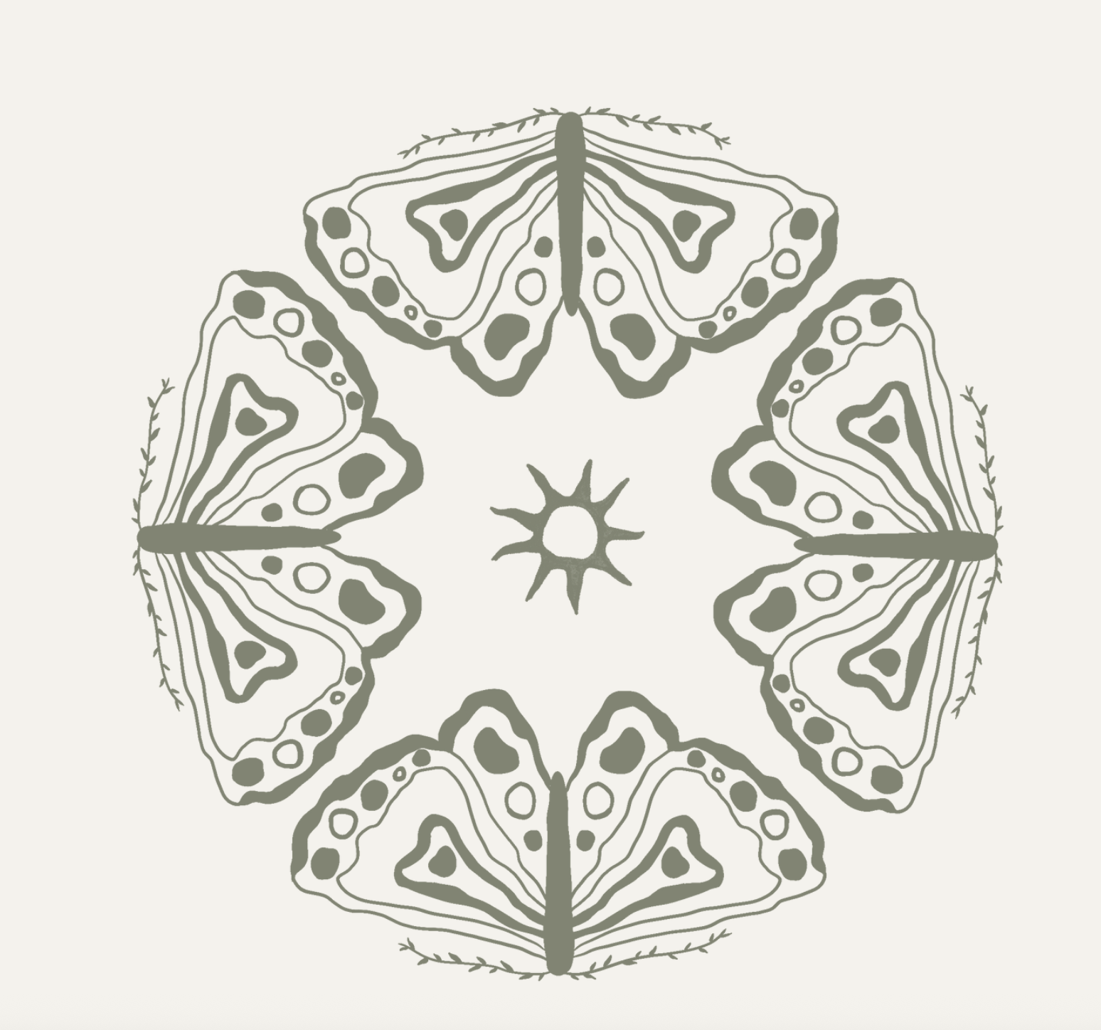 A symmetrical illustration of a butterfly with detailed wing patterns and a small sun-like symbol in the center.