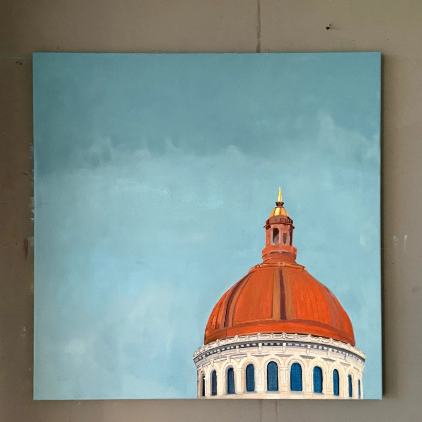 Work in progress - can you guess who's going into that sky today? I'm so excited lol.

"Over the Chapel" 36" x 36" oil on canvas. Available soon through @joflemingart.

#BlueAngels #planeairart #aviationart #navalacademychapel #ai