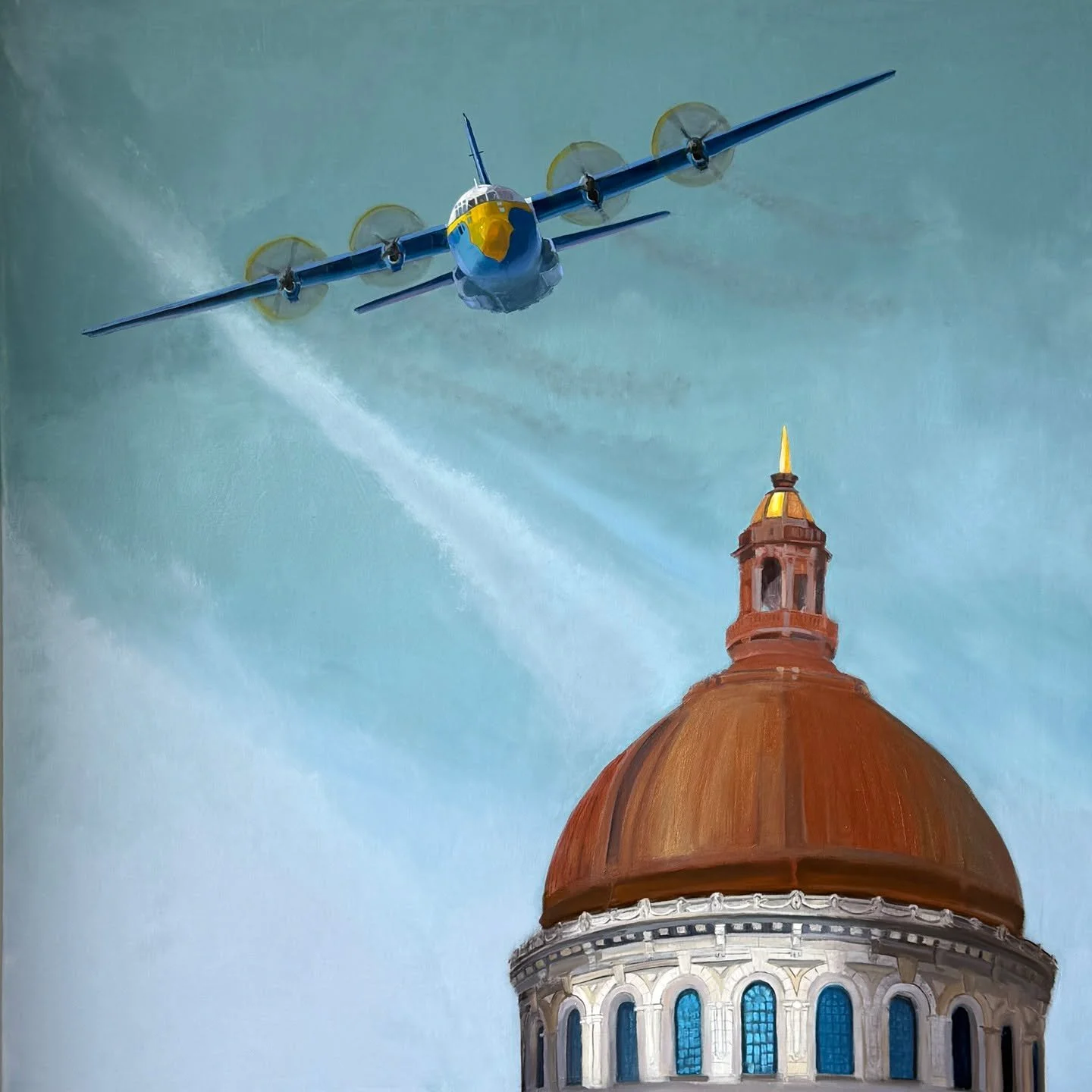 Work in progress but I'm so loving it I have to share 😍Fat Albert is my favorite part of the Annapolis May Blue Angels show, everyone gets so excited when he comes in because we know what's next! 36" x 36" oil on canvas. Available soon thr