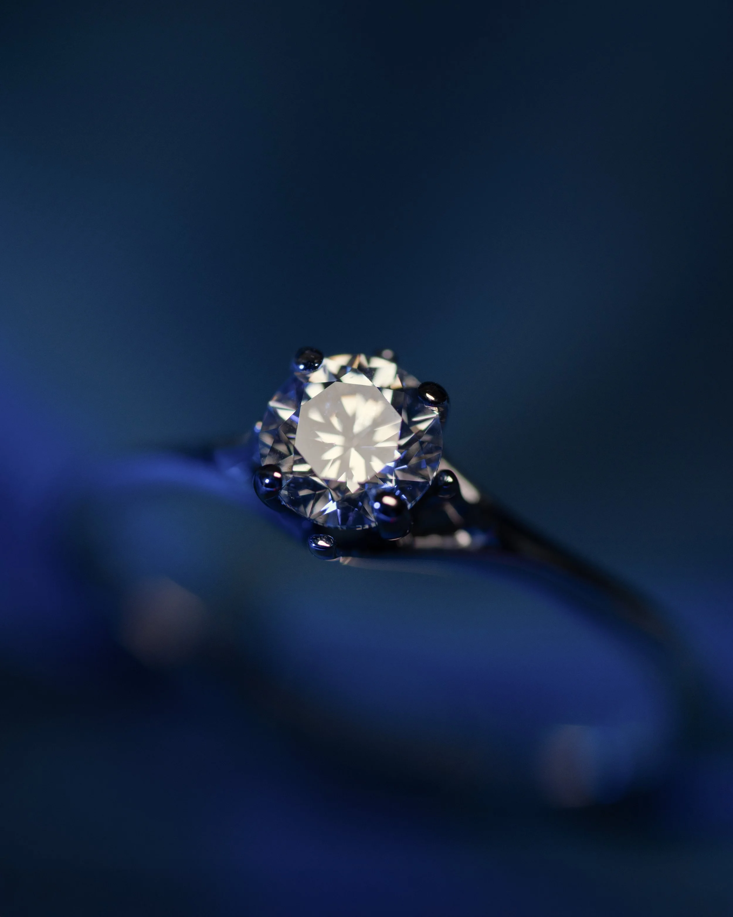 Anillo solitario de oro blanco con diamante central de corte redondo.