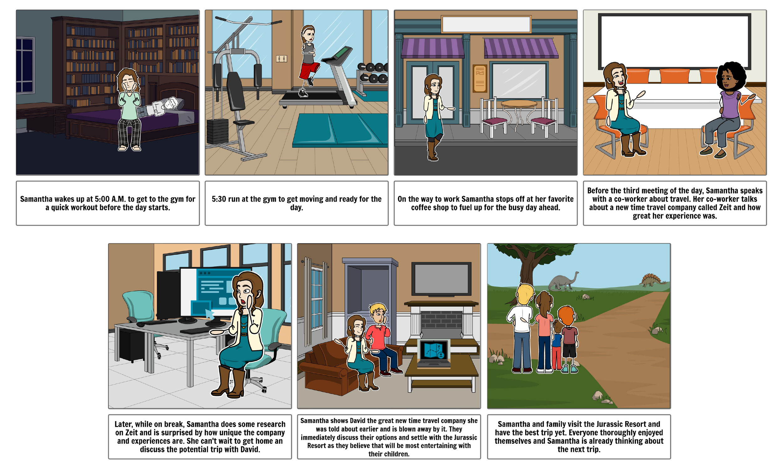 Image of storyboard depicting Samantha, Zeit's persona, learning about Zeit during a typical day