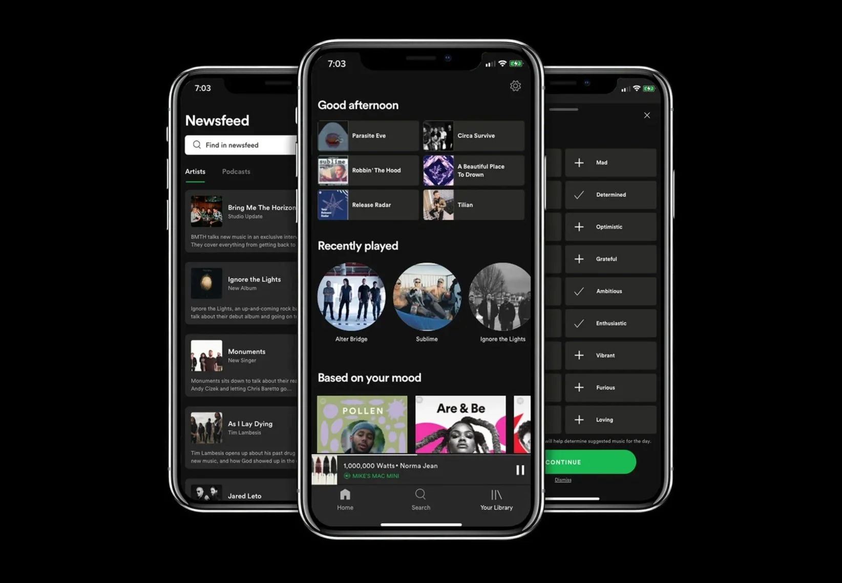 Image of 3 stacked iphone framed wireframes including the home screen, mood gauge feature, and newsfeed feature