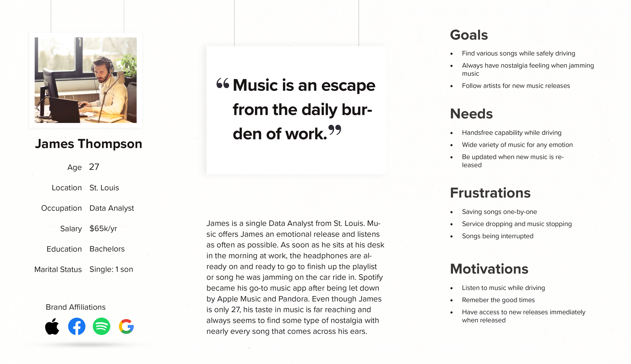 Image of Spotify persona, James Thompson, 27 year old seeking nostalgia whilst listening to music