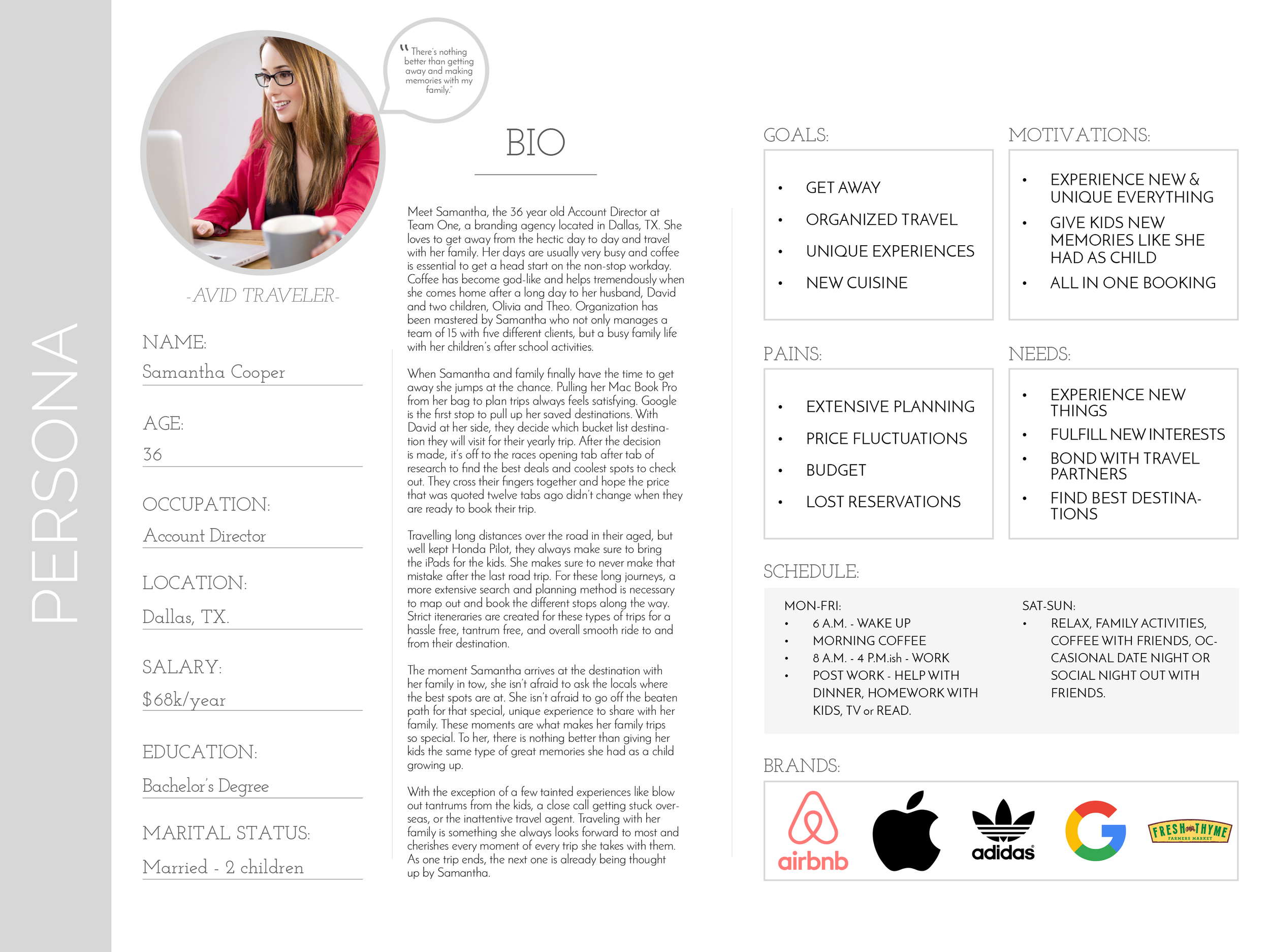 Image of Zeit persona, Samantha Cooper, age 36, married, goals to get away with organized travel