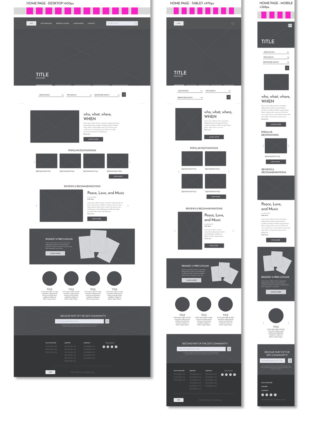Image of Zeit mid fidelity, responsive wireframes for desktop, tablet, and mobile