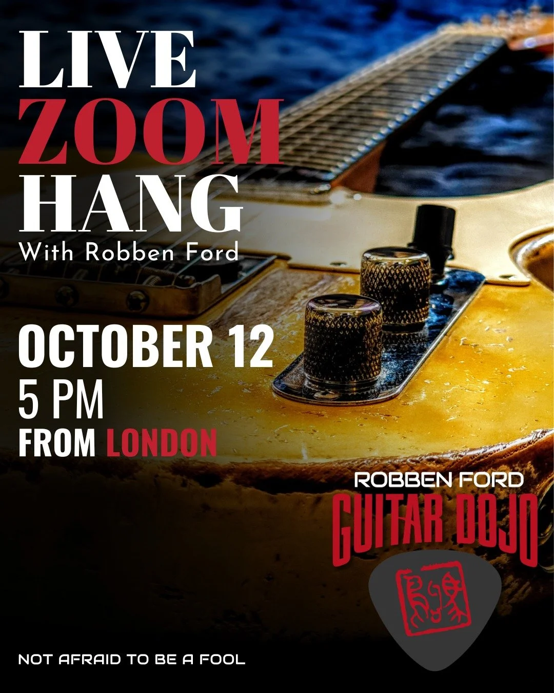 Dojo Students - Reminder about the live ZOOM Hang!

👉🏻 SUNDAY, October 12 - 5PM from London

Bring your questions! ~ Robben

👉🏻 RobbenFordGuitarDojo.com
📸 @milamphotoarts 
&deg;
&deg;
#guitarlessonsonline #guitarthewayilearnedit #guitarmaster #g