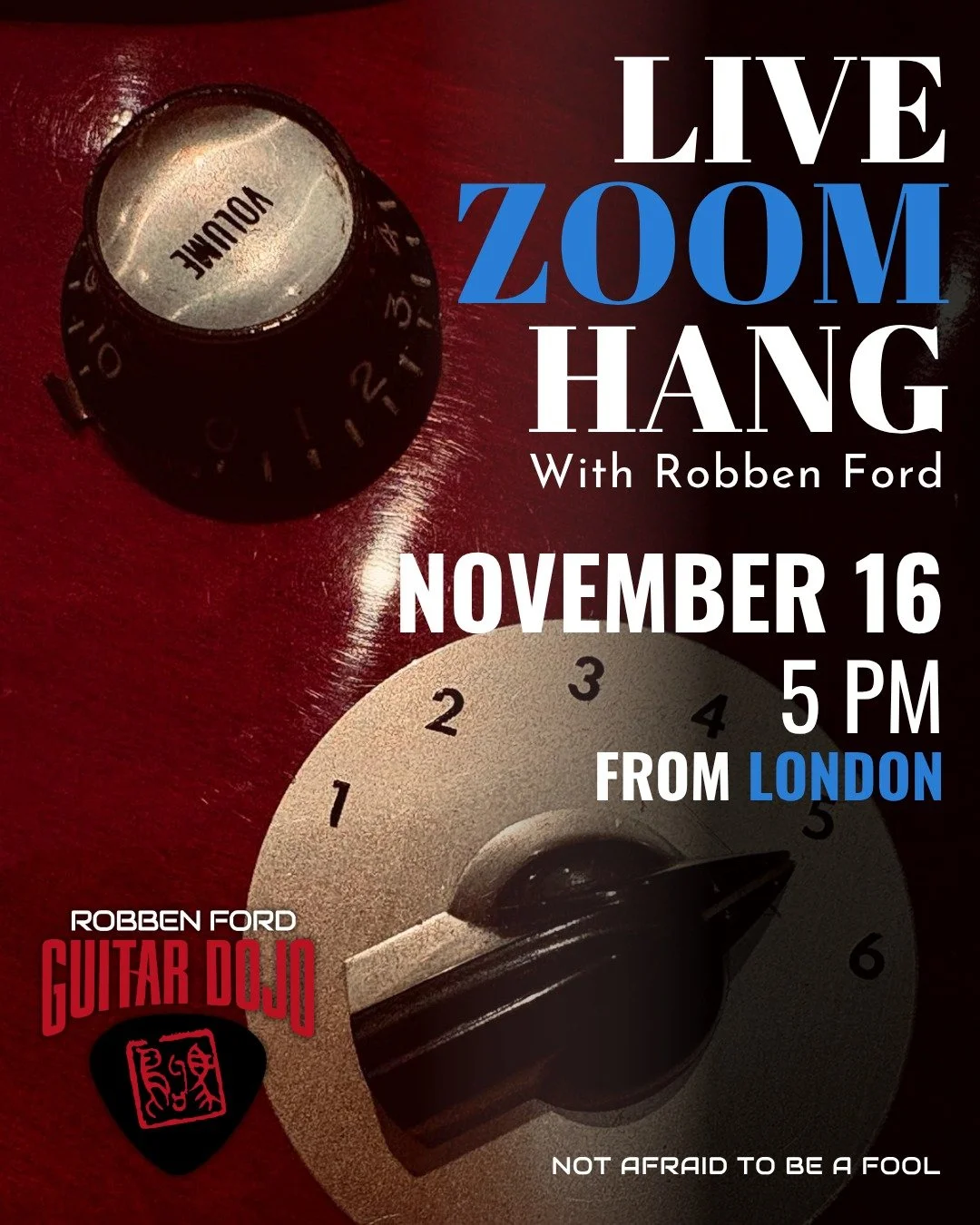 Dojo Students - Reminder about the live ZOOM Hang!

👉🏻 SUNDAY, November 16 - 5PM from London

Bring your questions! ~ Robben

👉🏻 RobbenFordGuitarDojo.com
📸 @milamphotoarts 
&deg;
&deg;
#guitarlessonsonline #guitarthewayilearnedit #guitarmaster #