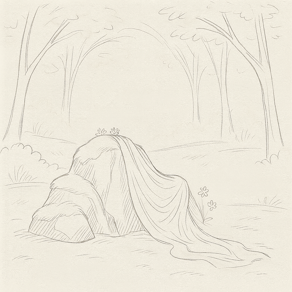 A sketch of a tranquil natural scene with a waterfall flowing over rocks surrounded by trees and bushes, with a few flowers near the water.
