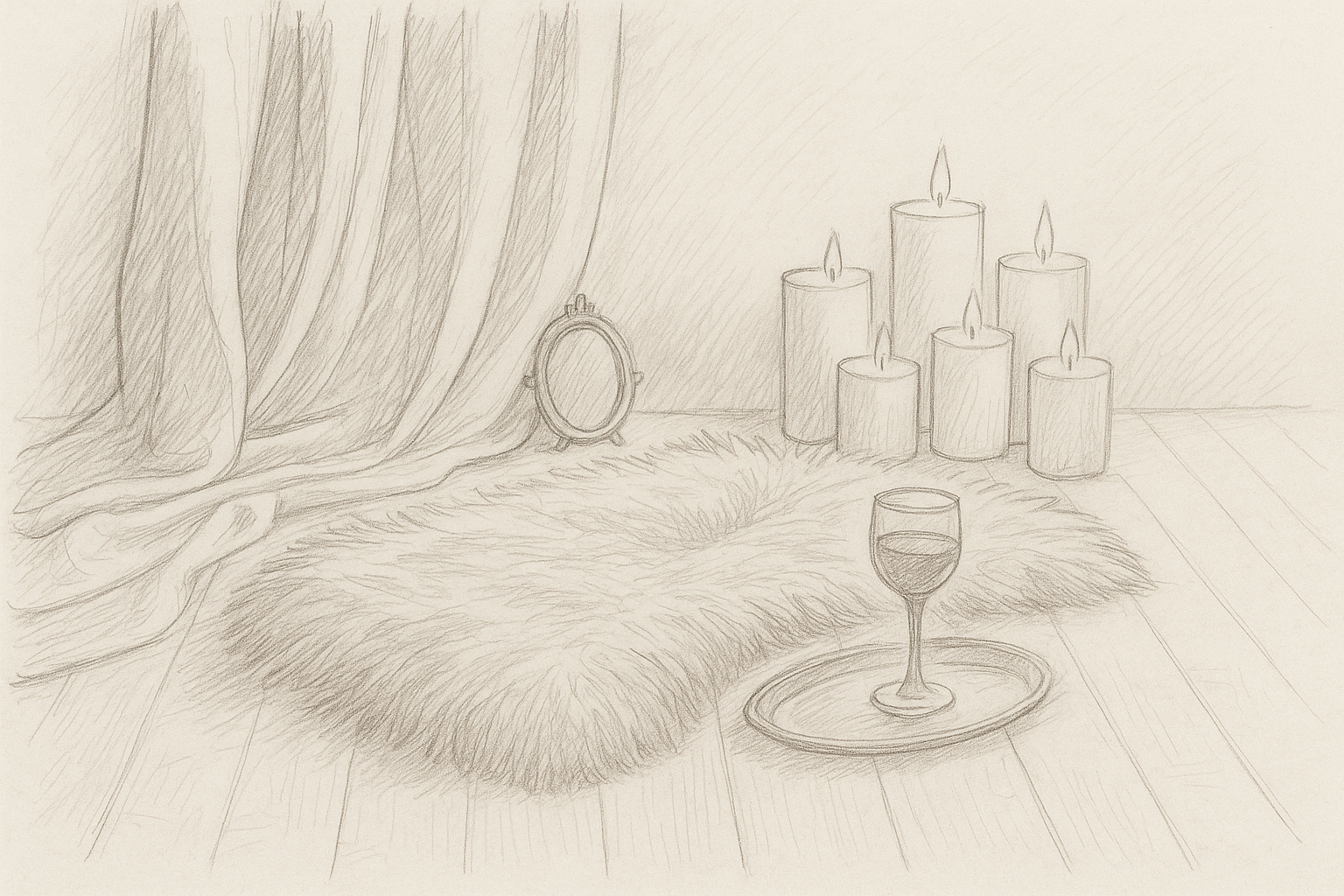 A cozy interior scene with a fluffy rug on wooden floor, a curtain, a small mirror, five lit candles of varying heights, and a glass of wine on a tray.