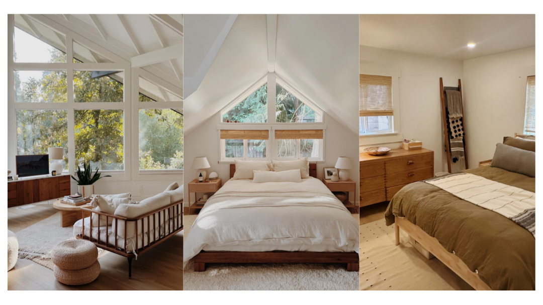 Triptych of bedroom interiors with large windows, minimalistic decor, neutral color schemes, and natural wood furnishings.