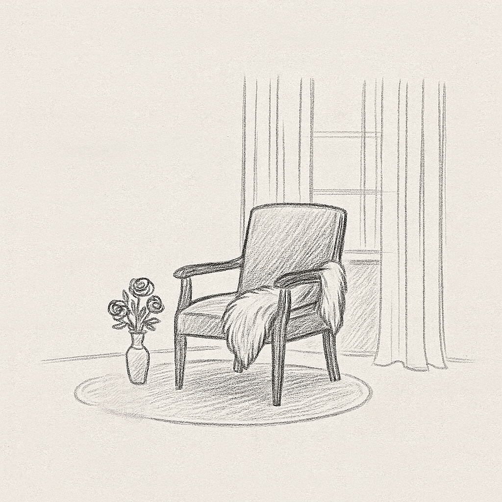 Sketch of a cozy room corner with an armchair draped with a blanket, a vase of roses, and curtains covering a window.