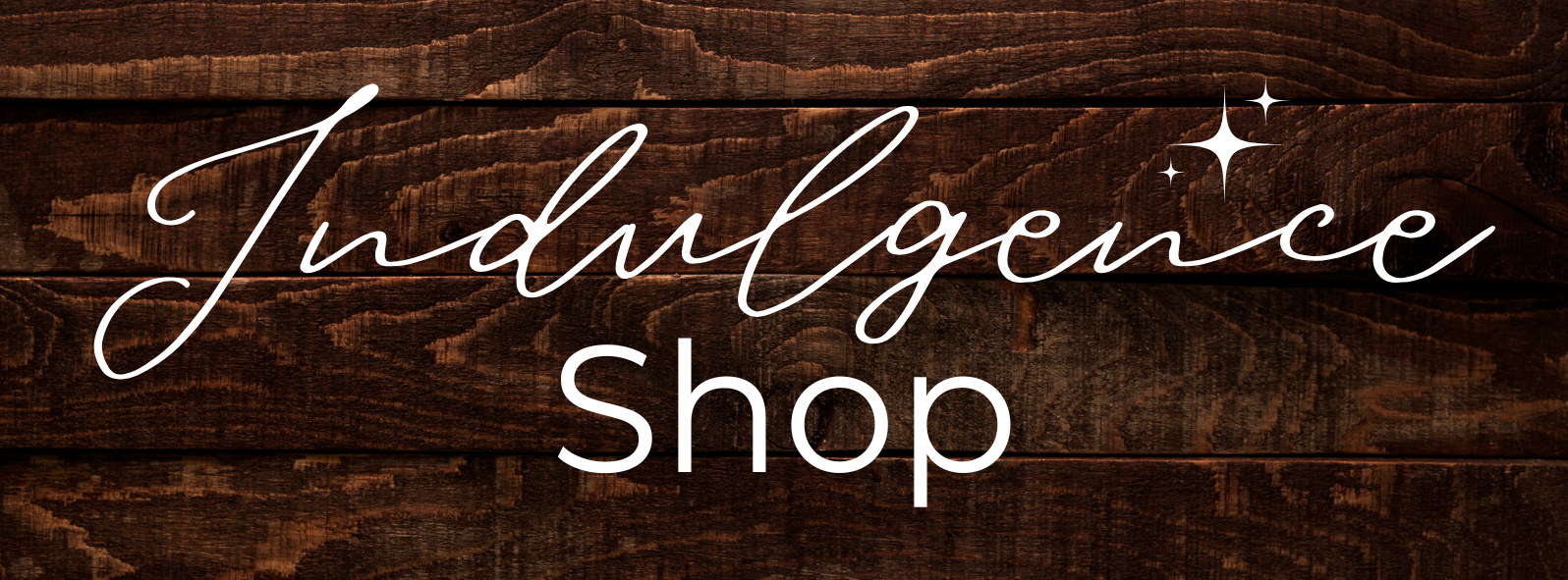 Neon sign reading 'Indulgence shop' in cursive and block fonts on a dark wood background.