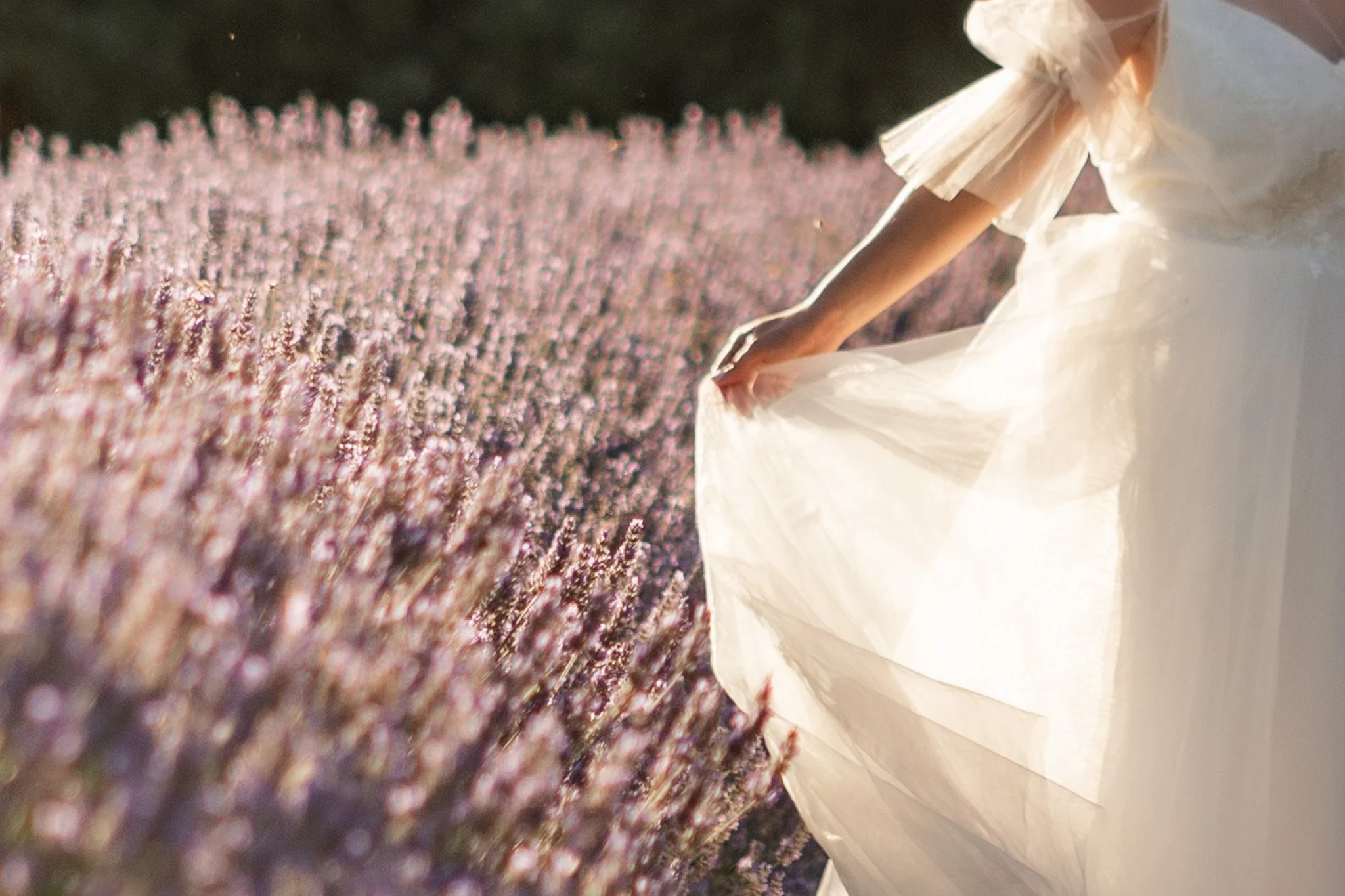 A person in a white dress holding a bouquet walking through a pink flower field.