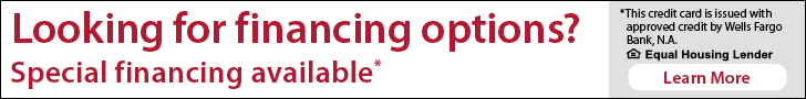 Advertisement for financing options and special financing available, with a 'Learn More' button and a note about credit card approval by Wells Fargo Bank, N.A., and an equal housing lender.