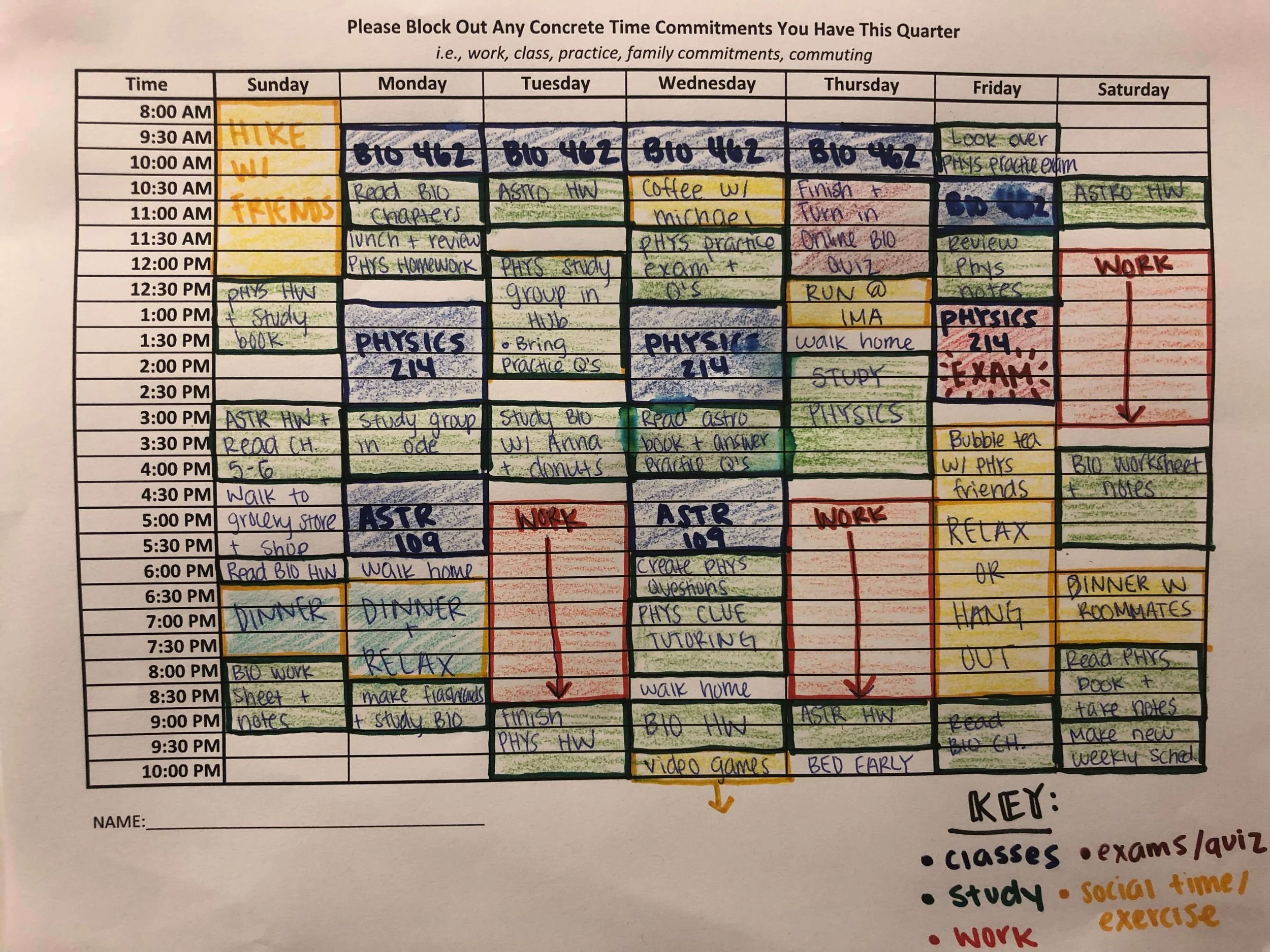 Example of schedule for college student