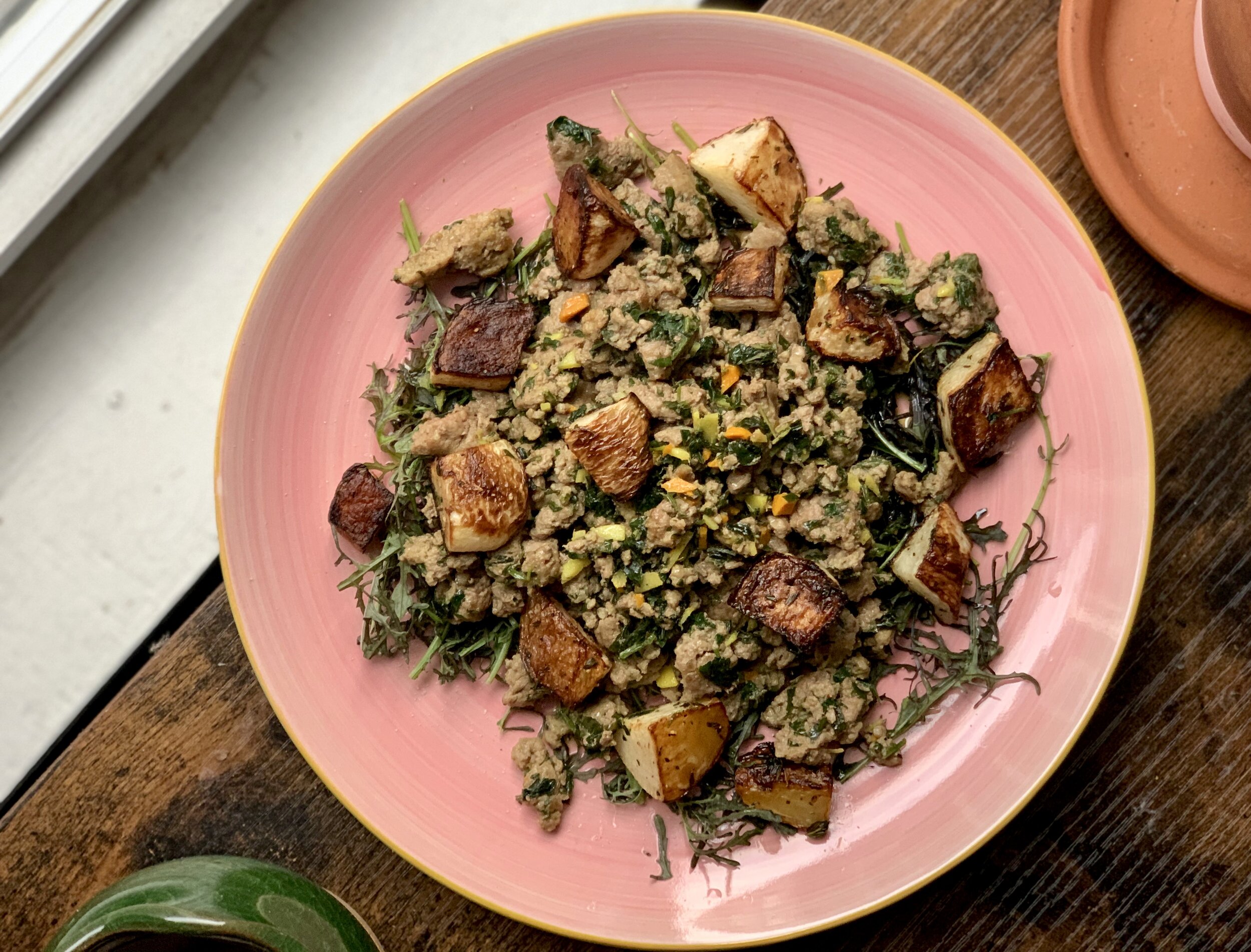 Turmeric & Ginger Ground Lamb with Crispy Turnips & Spicy Greens