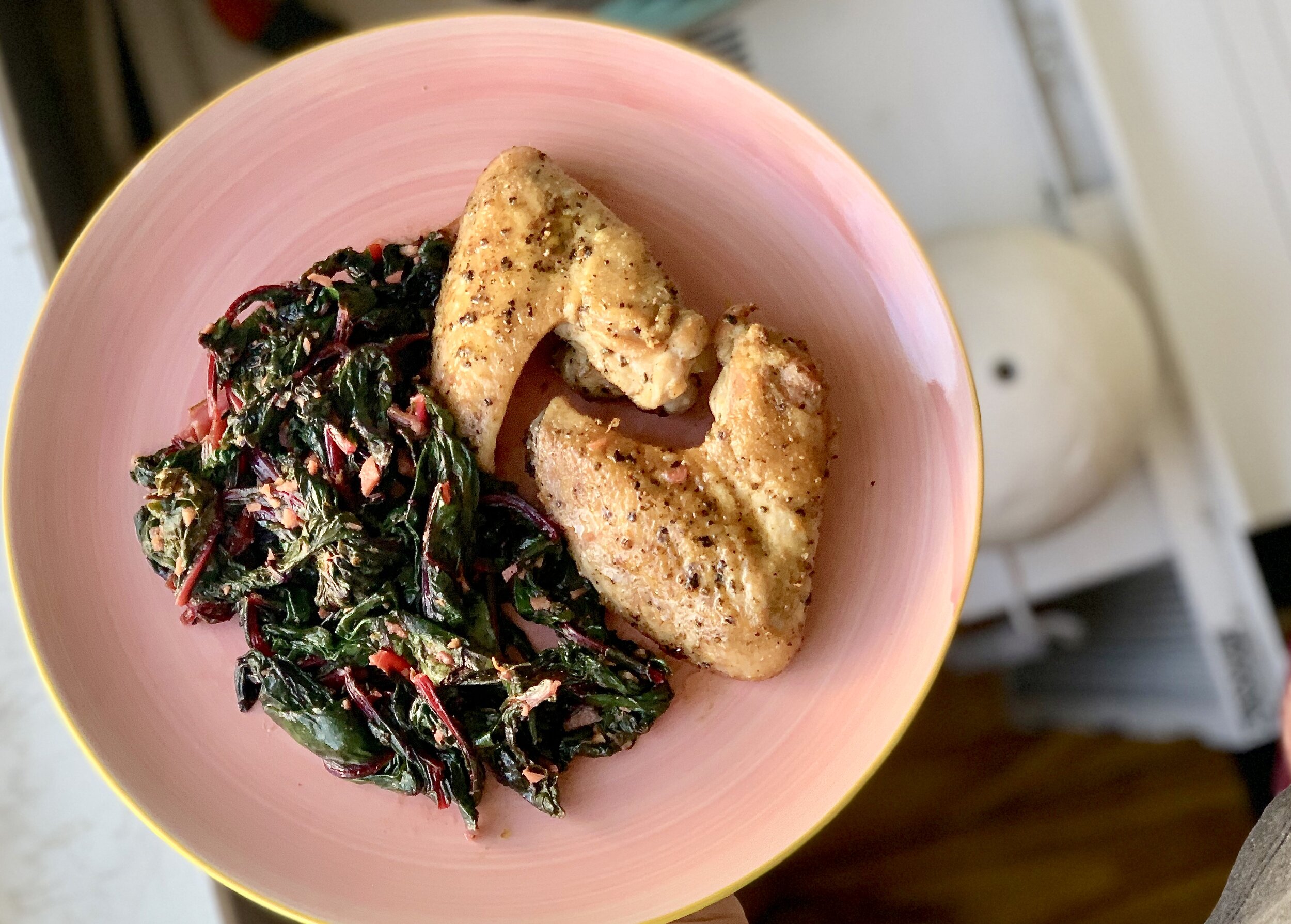 Salt & Pepper Wings with Spicy Rainbow Chard