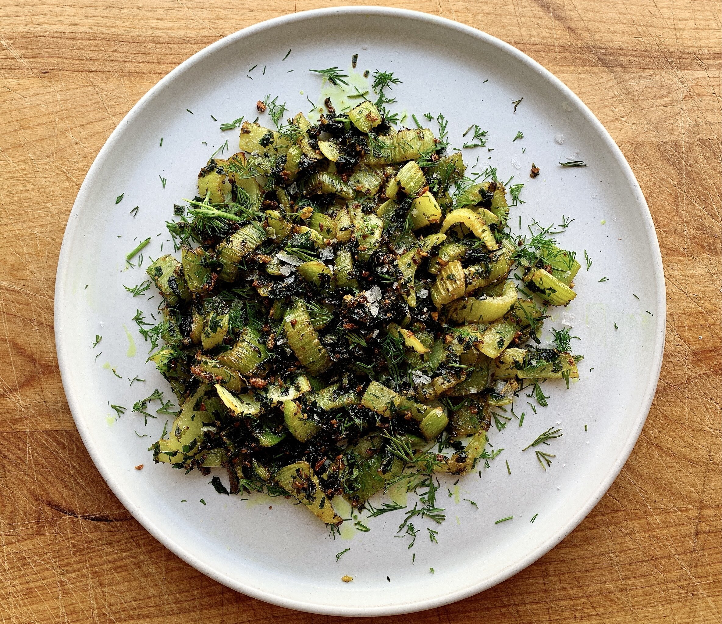 Sautéed Celery with Crispy Ginger and Herbs