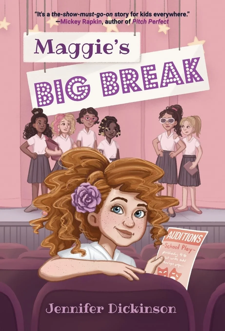 A book cover for Maggie's Big Break, featuring a smiling, curly-haired middle schooler in a theater with classmates holding an audition flyer..