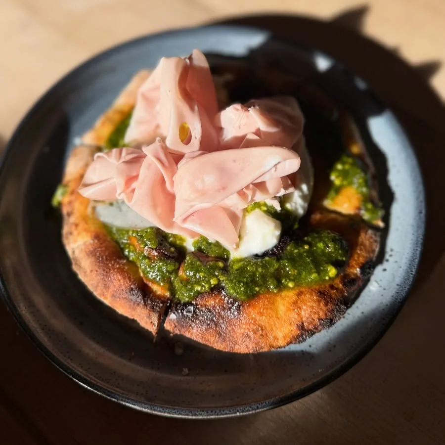 Burrata Pizzette
good buratta/pistachio pesto/mortadella 

#stoneburnerseattle #stillloveburatta