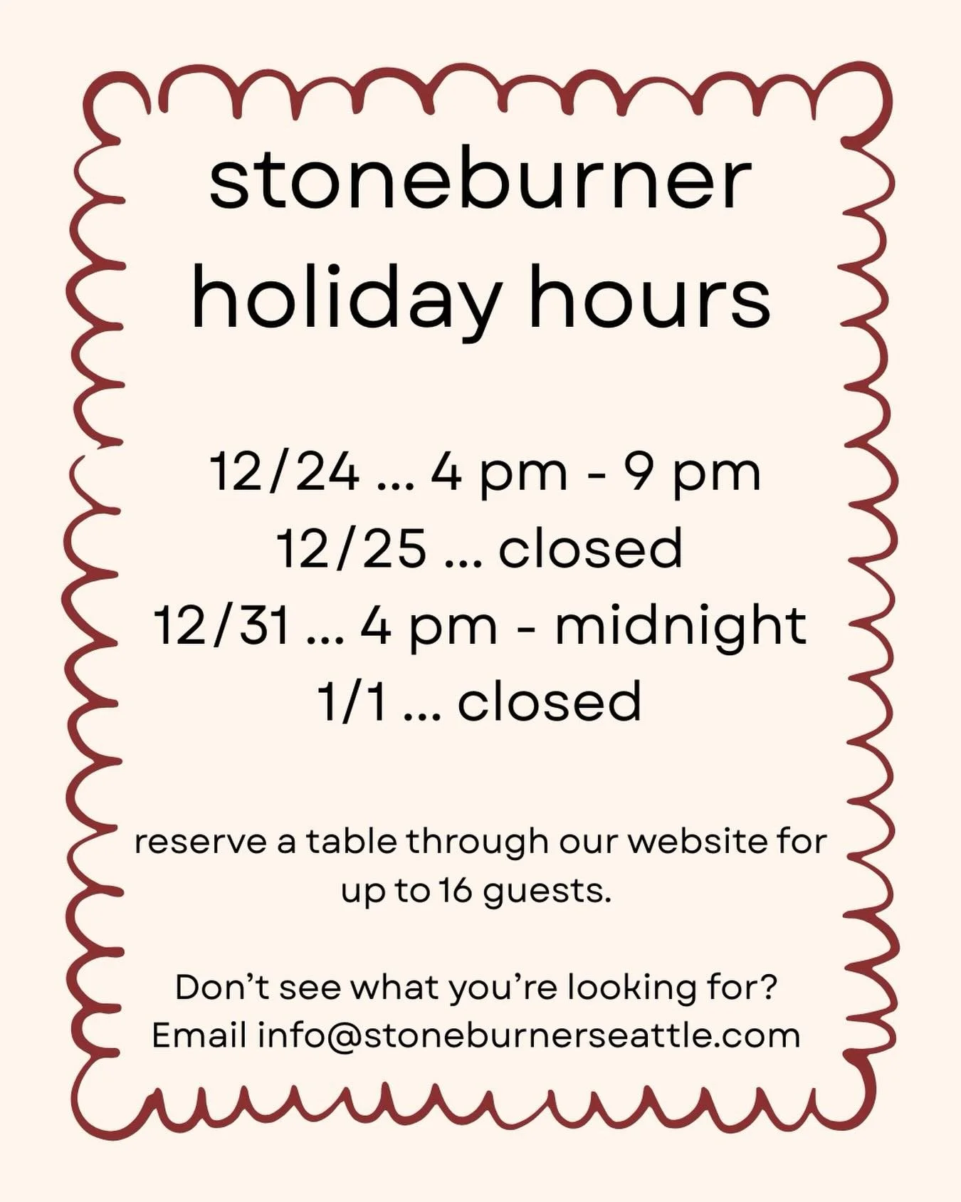Happiest holidays, to you and yours!

#holidayhours #seattlerestaurants #stoneburnerseattle #ballardrestaurants