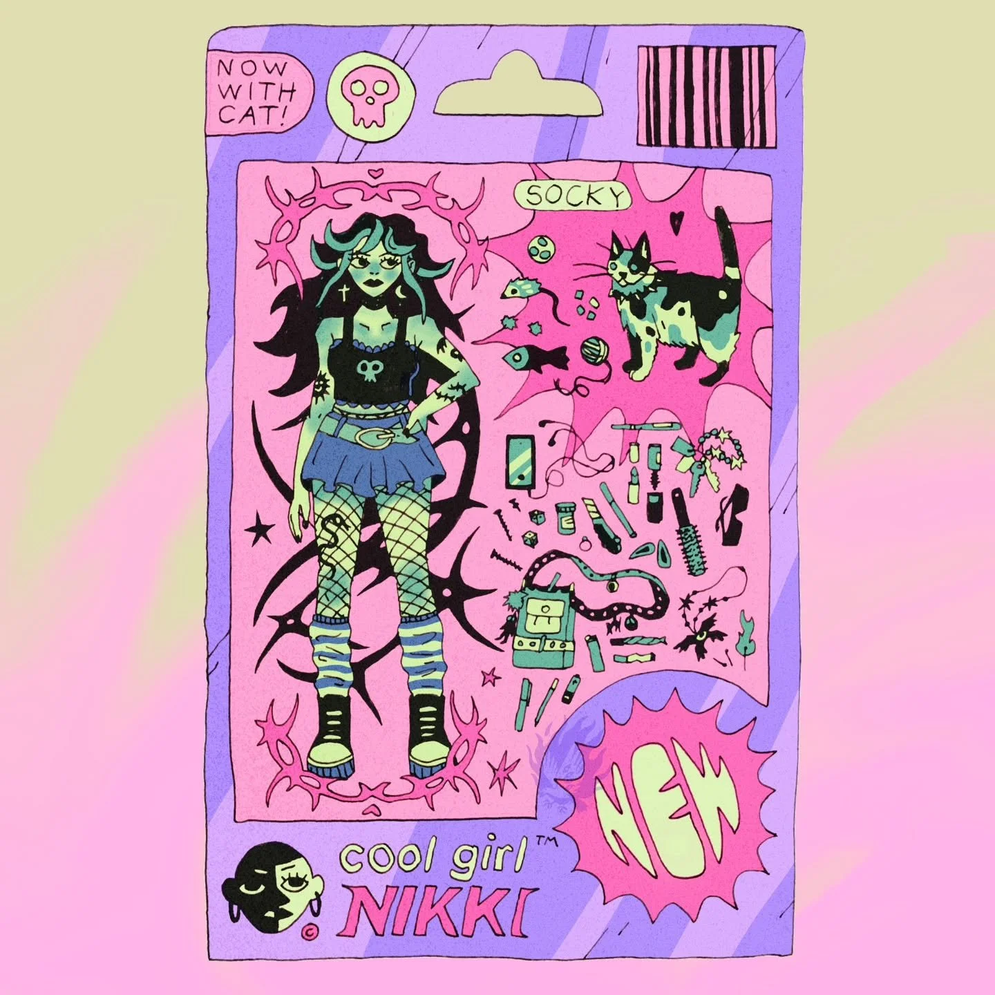 Brand new Cool Girl&trade; Nikki 🖤 now with cat!!
Designing logos and packaging is just too fuckin fun.
What colours do you guys like more?
#illustration #characterdesign #oc #whatsinmybag #digitalart #procreate #inkdrawing #multimedia #colour