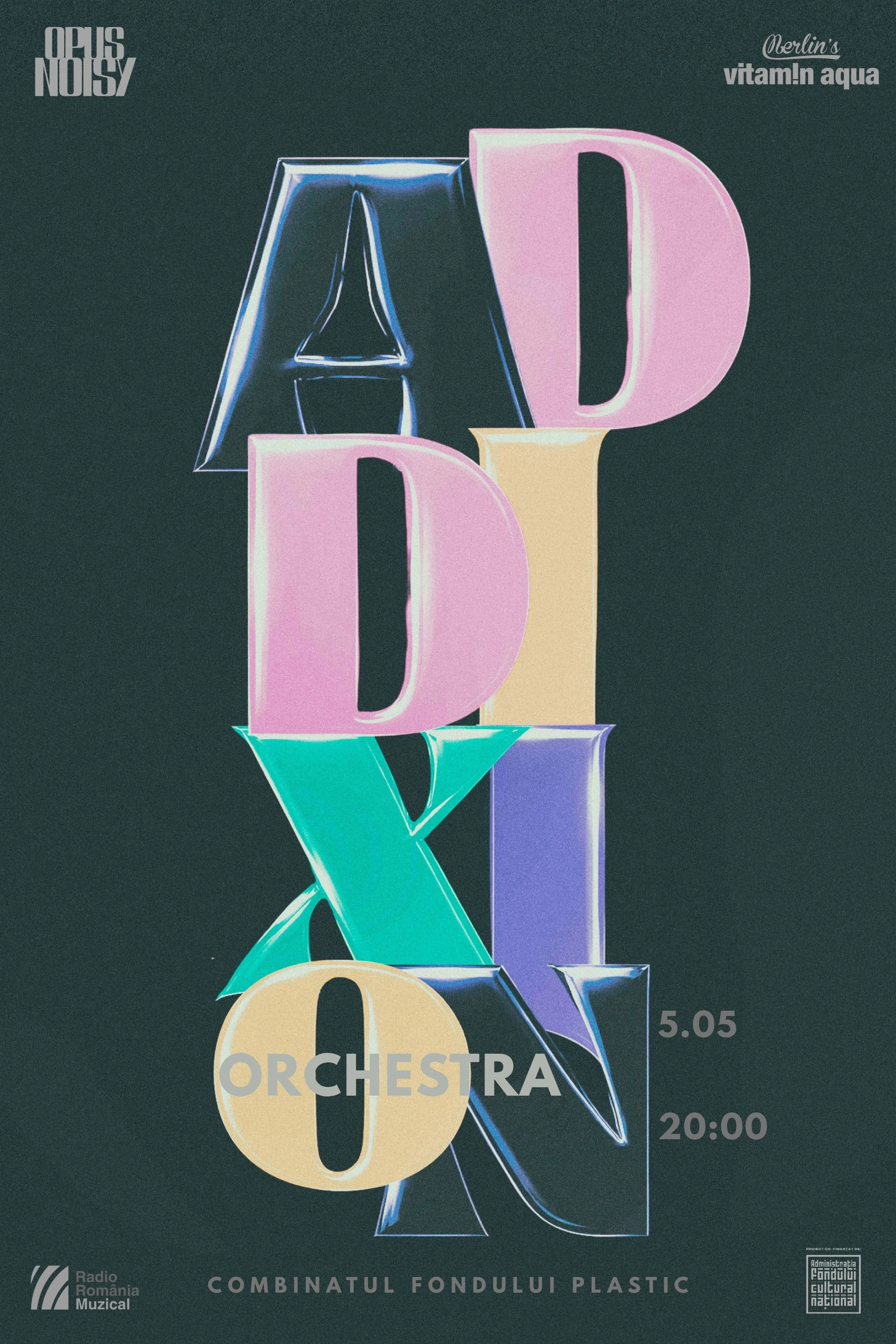  poster with colorful, neon-style graphics and the word "ORCHESTRA" written in bold white letters. It includes event details such as date "05.05" and time "20:00," and the location in Bucharest. The poster features abstract, glowing geometric shapes divided into vibrant sections.