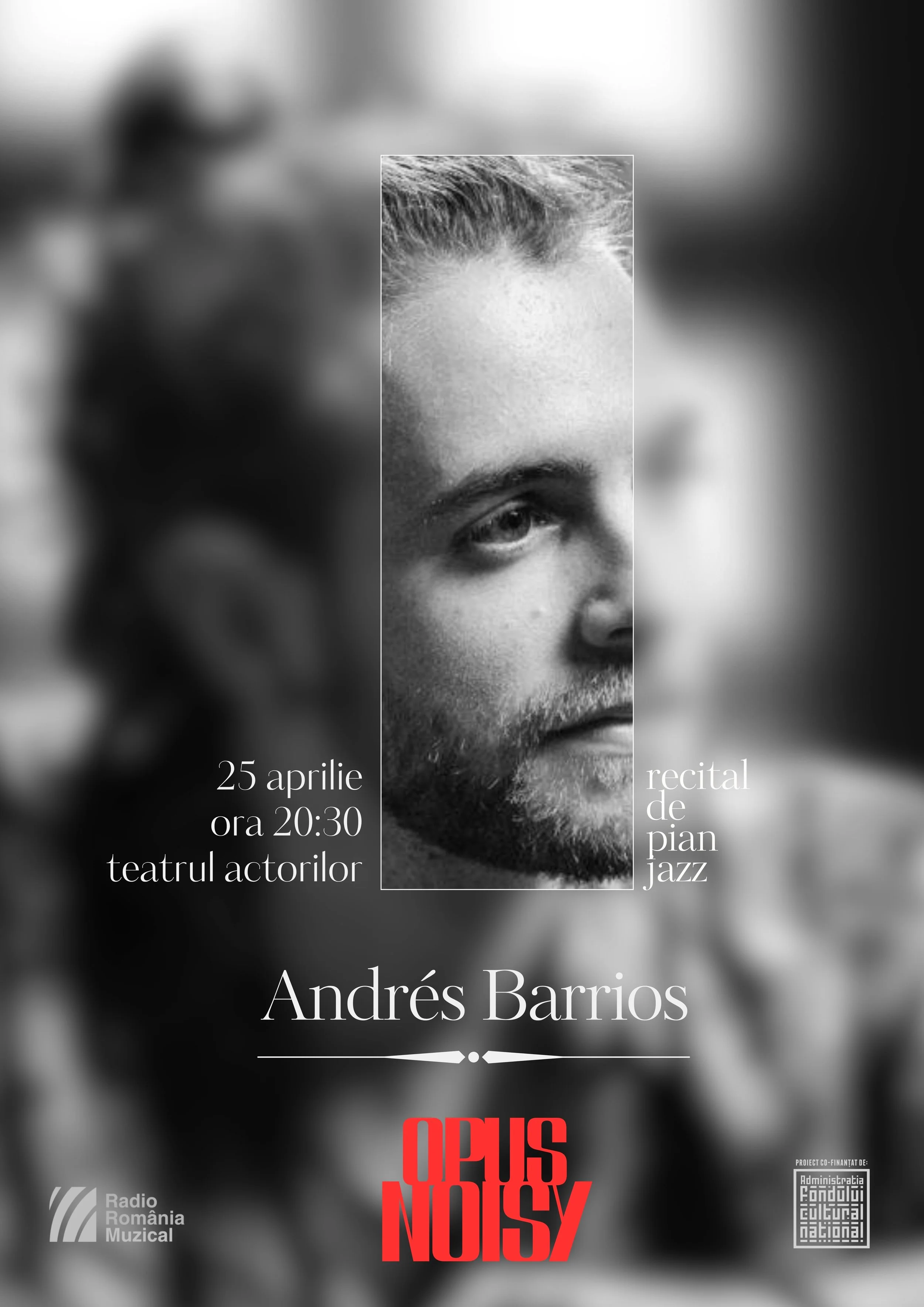 Black and white promotional poster for a jazz piano recital by Omri Mor, scheduled for April 25th at 8:30 PM at Teatrul Recital. The poster features a close-up of Omri Mor's face with text details.