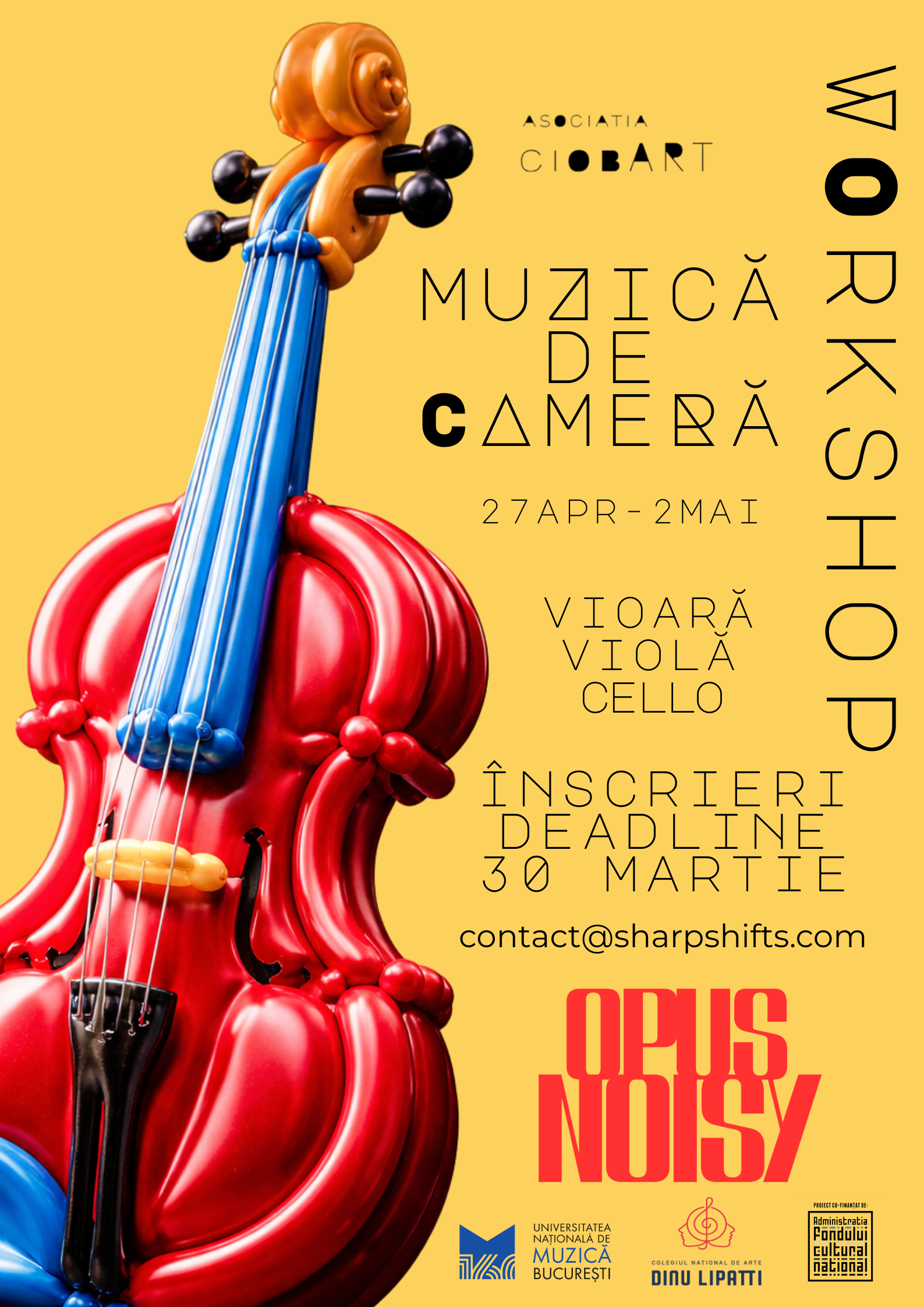 A colorful inflatable musical instrument, resembling a violin with blue strings and a brown scroll, set against a yellow background with event information for Opus Noisy.
