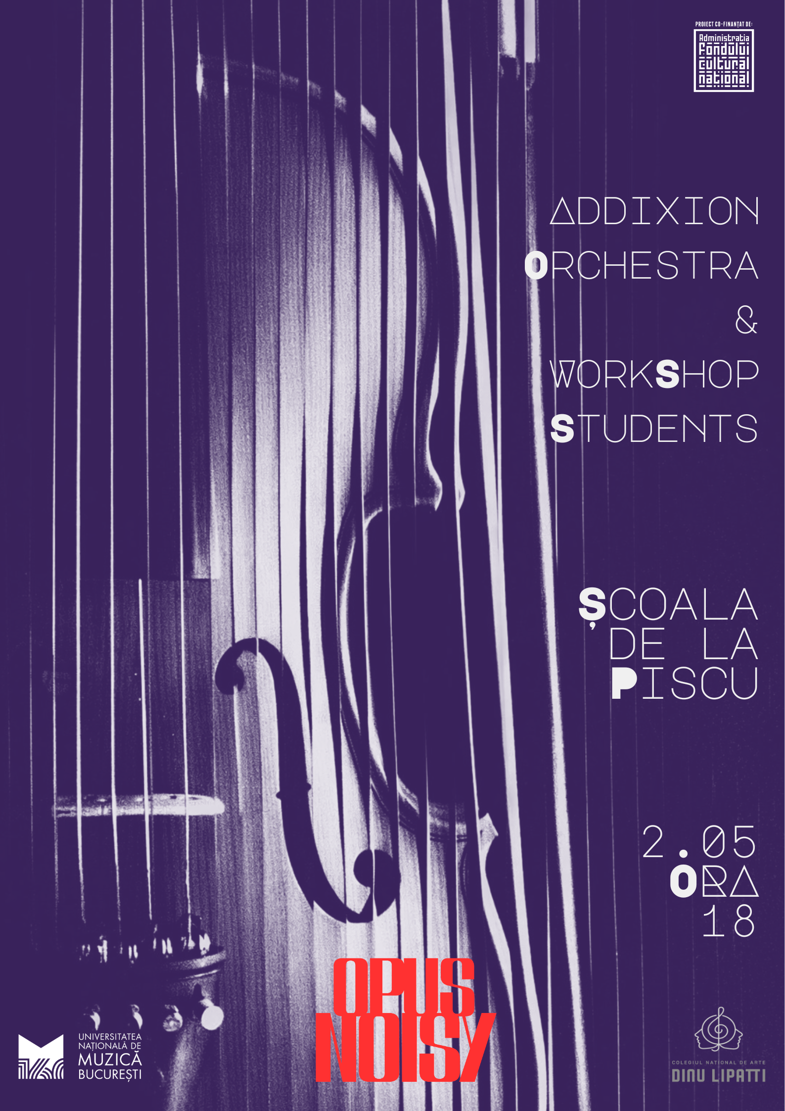 Concert poster featuring a purple background, an abstract image of a guitar, and text in Romanian about a school of music event scheduled for May 2, 2016.
