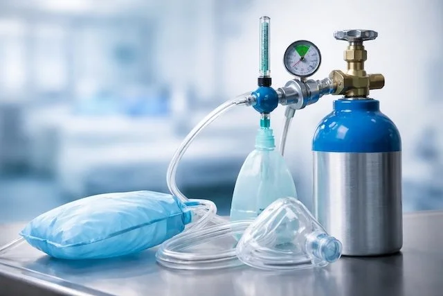 Gas cannister with tube, face mask, and air bag in a hospital-like setting..