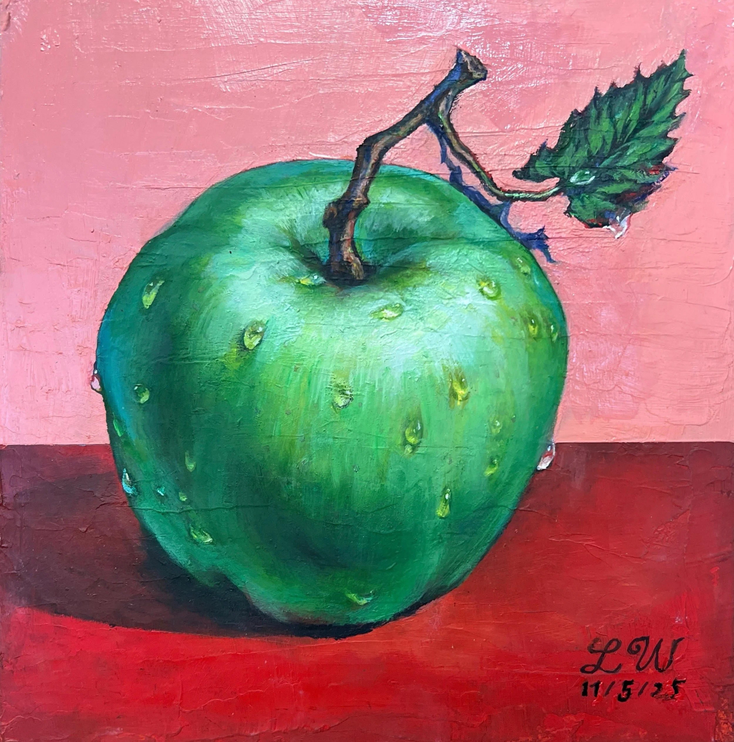 LIN WEI, Green on Red, oil on wood panel, size: 8"x8", 2025.   SOLD, 2026