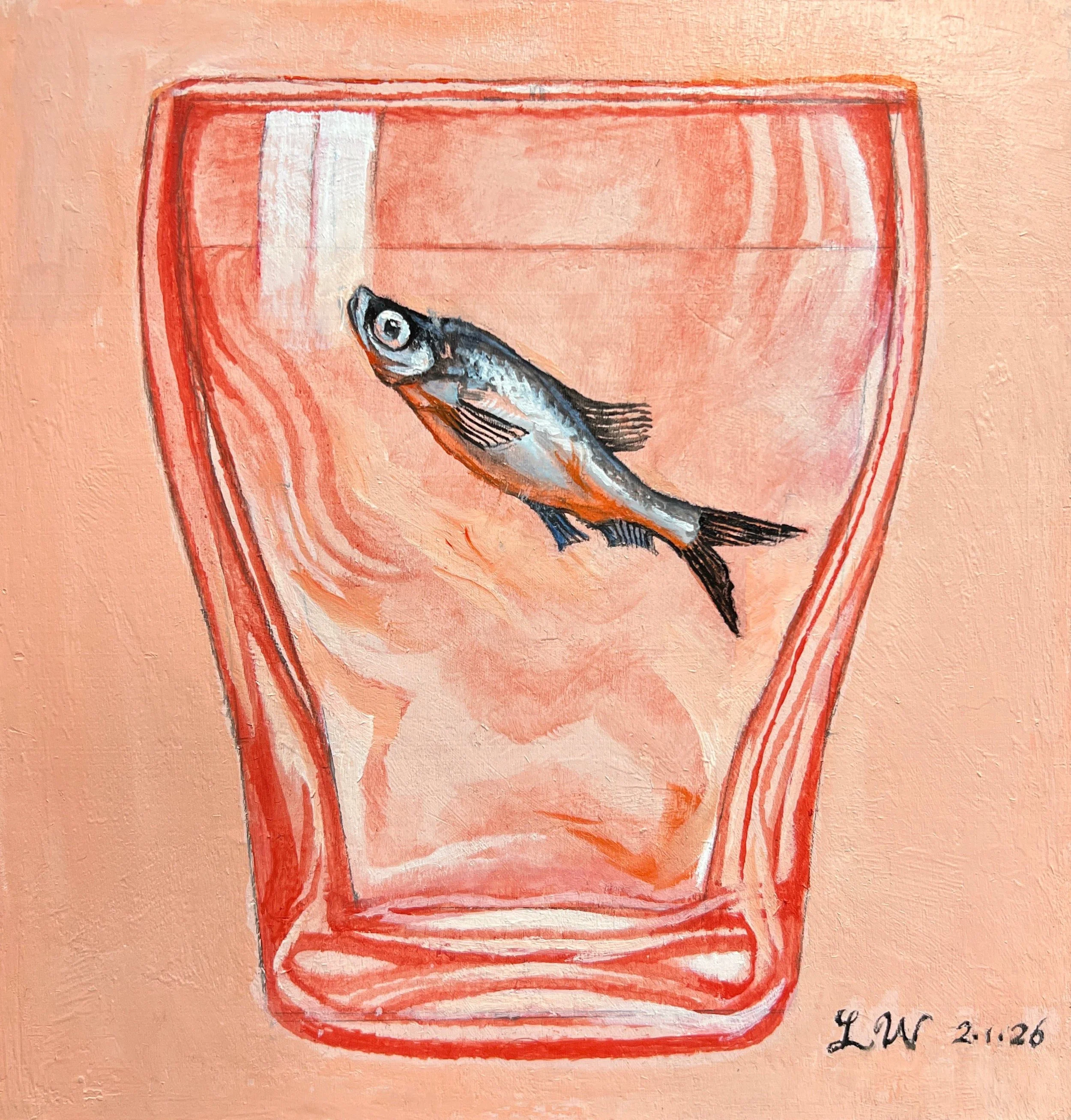 LIN WEI, A Fish in a Warm Glass, oil on wood panel, size: 8"x8", 2026