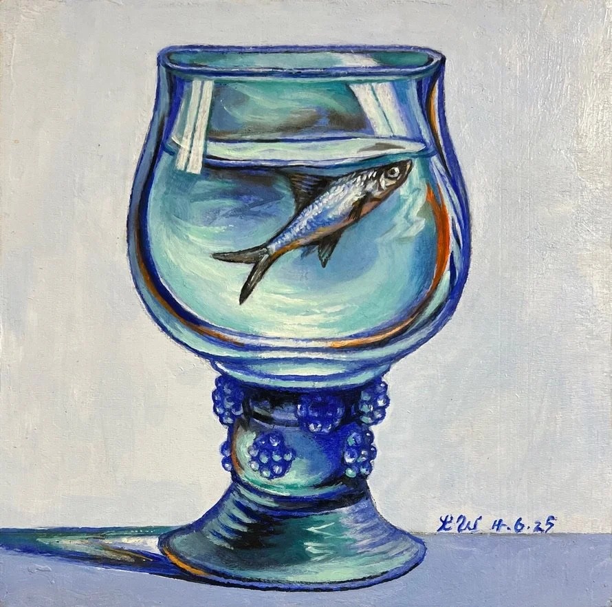LIN WEI, In a Blue Antique Glass, oil on wood panel, size: 8"x8", 2025. 