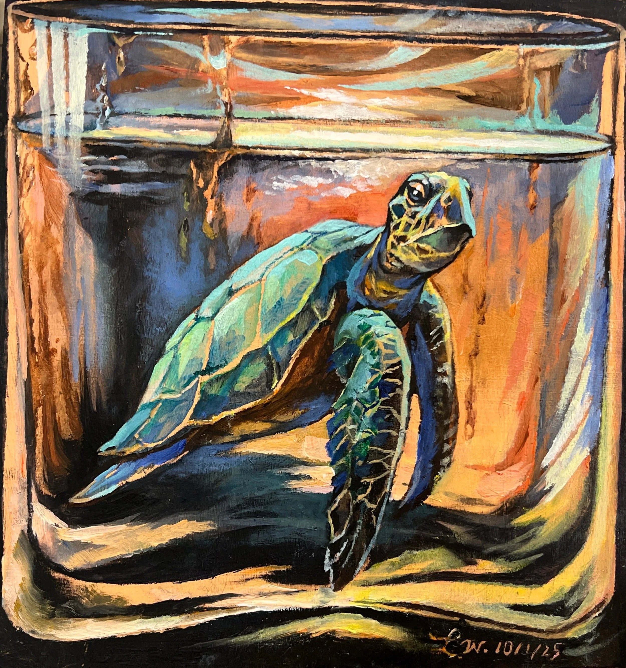 LIN WEI, Worried Turtle, oil on wood panel, size: 8"x8", 2025