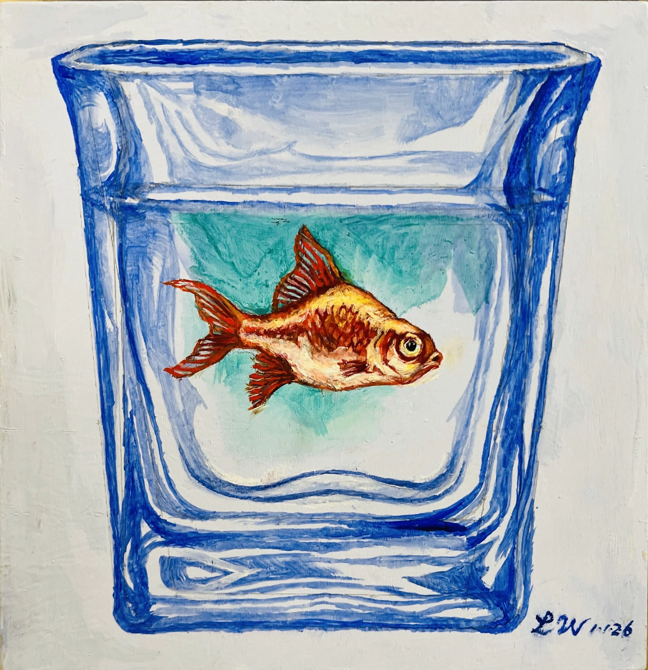LIN WEI, Goldfish in a Blue Glass, oil on wood panel, size: 8"x8", 2026